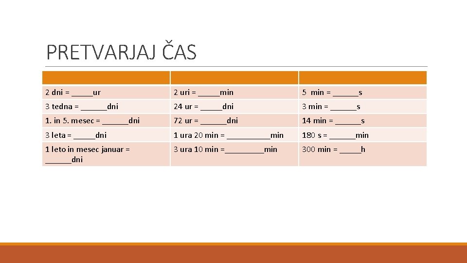 PRETVARJAJ ČAS 2 dni = _____ur 2 uri = _____min 5 min = ______s