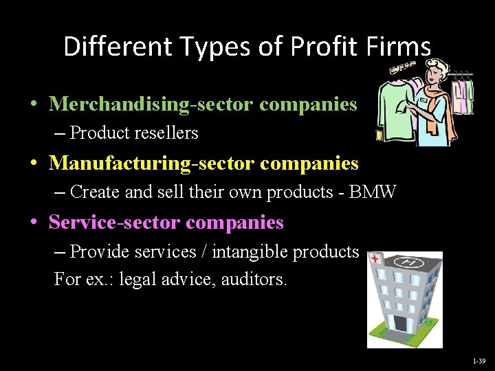 Different Types of Profit Firms • Merchandising-sector companies – Product resellers • Manufacturing-sector companies