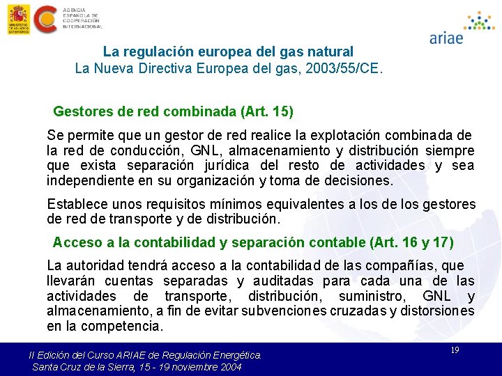 La regulación europea del gas natural La Nueva Directiva Europea del gas, 2003/55/CE. Gestores