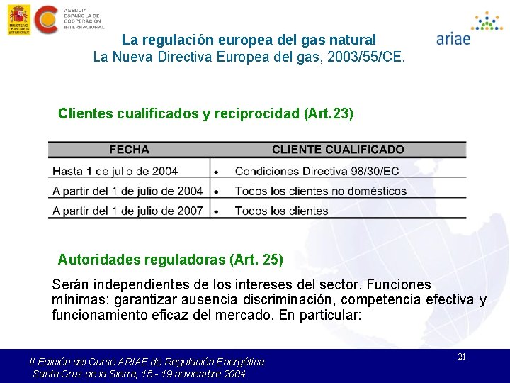 La regulación europea del gas natural La Nueva Directiva Europea del gas, 2003/55/CE. Clientes