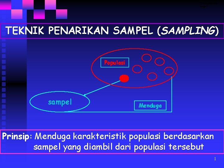 Teknik penarikan sampel TEKNIK PENARIKAN SAMPEL (SAMPLING) Populasi sampel Menduga Prinsip: Menduga karakteristik populasi