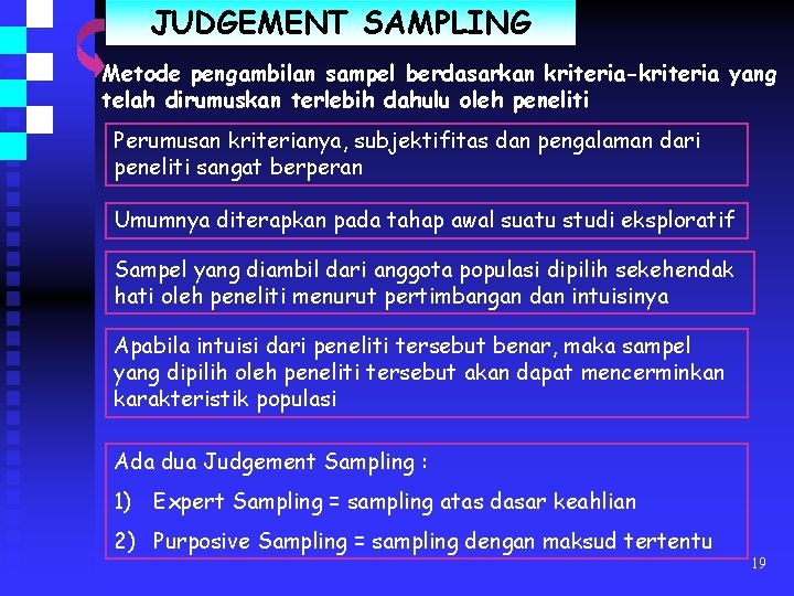 JUDGEMENT SAMPLING Metode pengambilan sampel berdasarkan kriteria-kriteria yang telah dirumuskan terlebih dahulu oleh peneliti