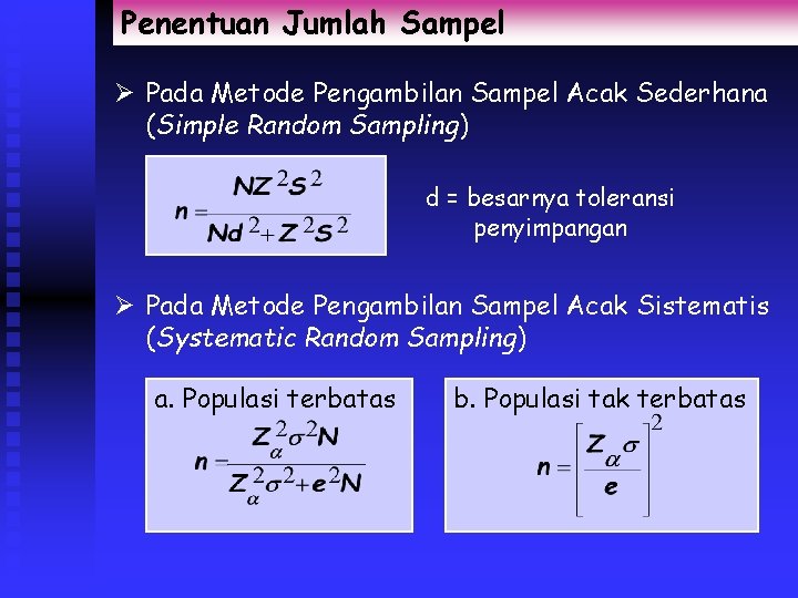Penentuan Jumlah Sampel Ø Pada Metode Pengambilan Sampel Acak Sederhana (Simple Random Sampling) d