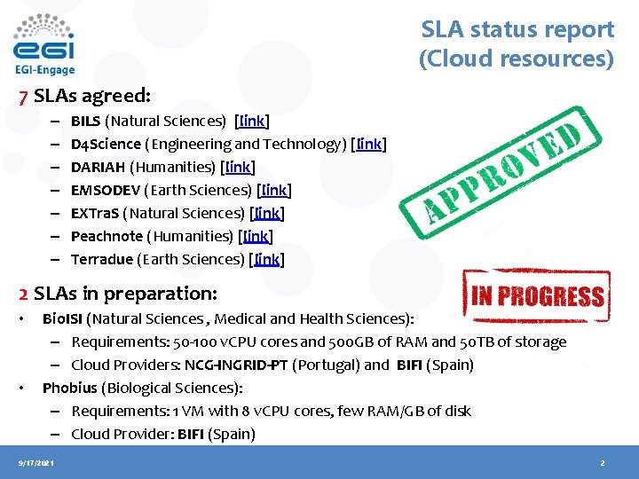 SLA status report (Cloud resources) 7 SLAs agreed: – – – – BILS (Natural