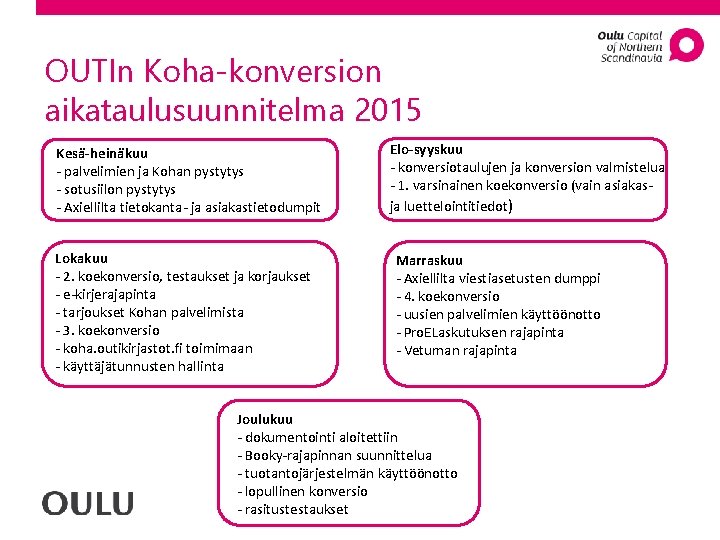 OUTIn Koha-konversion aikataulusuunnitelma 2015 Kesä-heinäkuu - palvelimien ja Kohan pystytys - sotusiilon pystytys -
