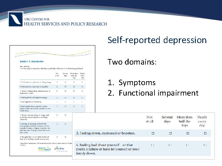 Self-reported depression Two domains: 1. Symptoms 2. Functional impairment 