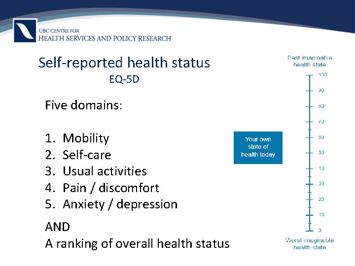 Self-reported health status EQ-5 D Five domains: 1. 2. 3. 4. 5. Mobility Self-care