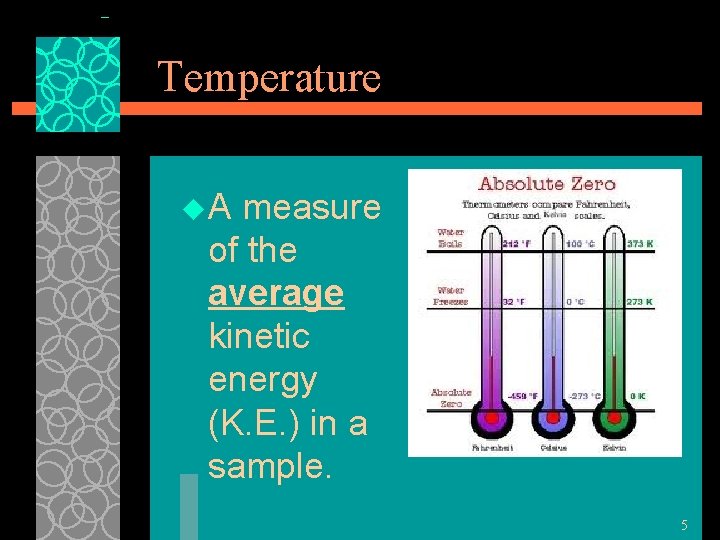 Temperature u. A measure of the average kinetic energy (K. E. ) in a