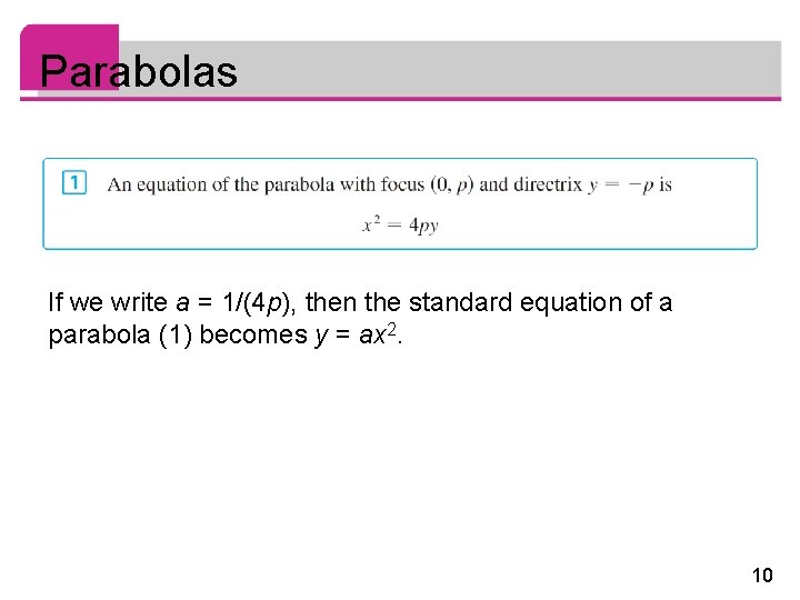 Parabolas If we write a = 1/(4 p), then the standard equation of a