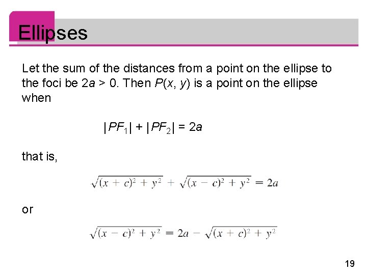 Ellipses Let the sum of the distances from a point on the ellipse to