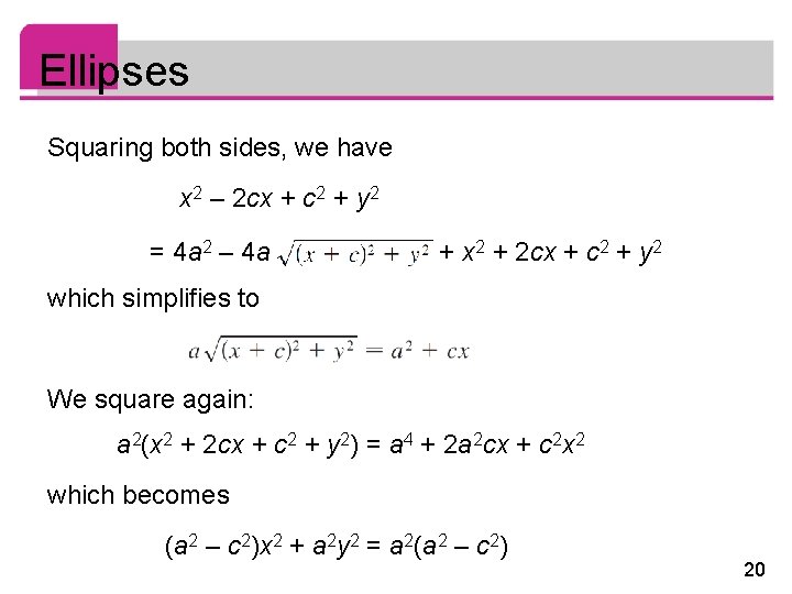 Ellipses Squaring both sides, we have x 2 – 2 cx + c 2