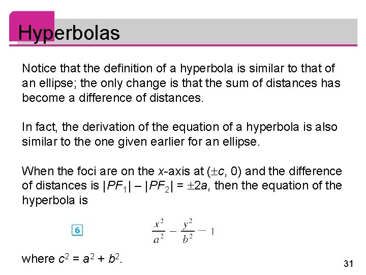 Hyperbolas Notice that the definition of a hyperbola is similar to that of an