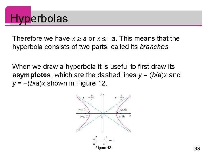 Hyperbolas Therefore we have x a or x –a. This means that the hyperbola