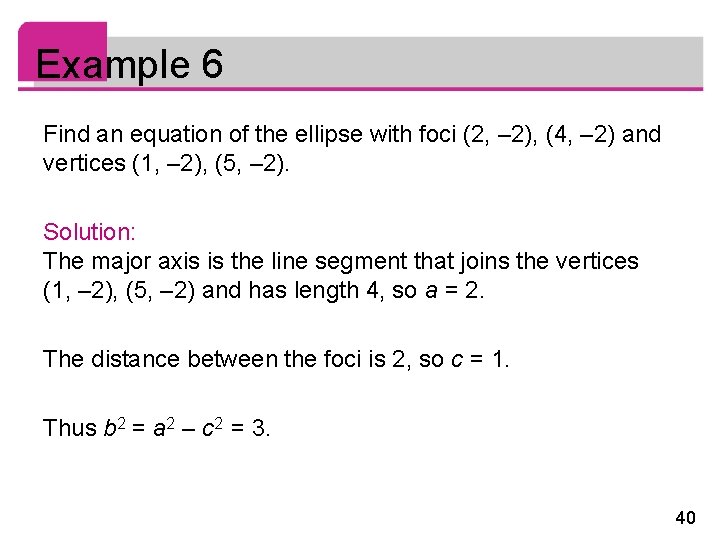 Example 6 Find an equation of the ellipse with foci (2, – 2), (4,