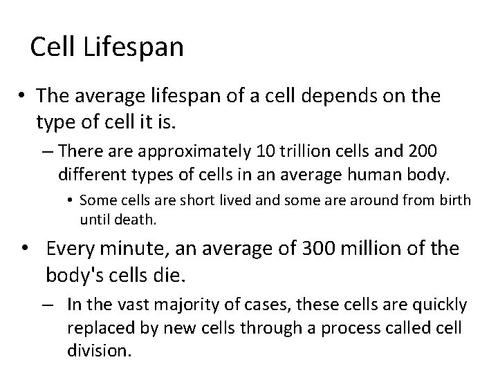 Cell Lifespan • The average lifespan of a cell depends on the type of