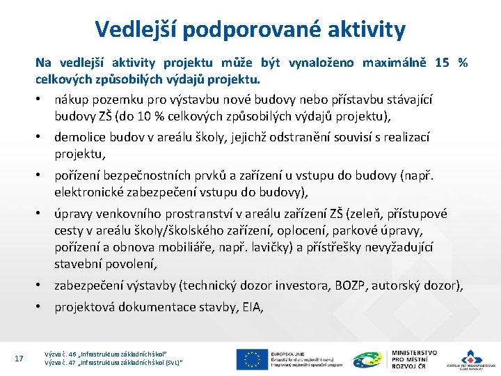 Vedlejší podporované aktivity Na vedlejší aktivity projektu může být vynaloženo maximálně 15 % celkových