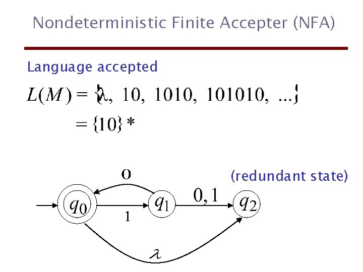 Nondeterministic Finite Accepter (NFA) Language accepted (redundant state) 