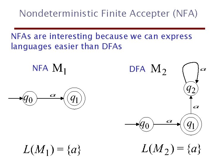 Nondeterministic Finite Accepter (NFA) NFAs are interesting because we can express languages easier than