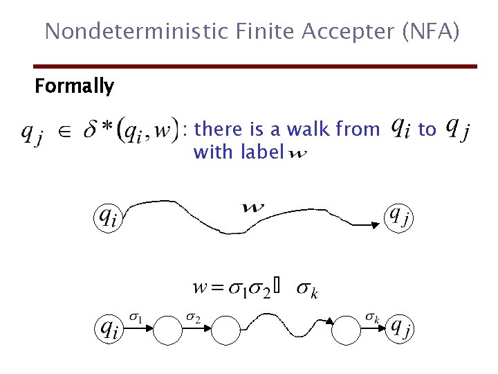 Nondeterministic Finite Accepter (NFA) Formally : there is a walk from with label to