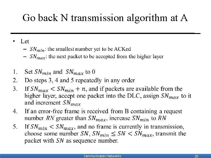 Go back N transmission algorithm at A • Communication Networks 20 