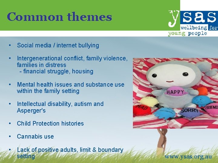 Common themes • Social media / internet bullying • Intergenerational conflict, family violence, families