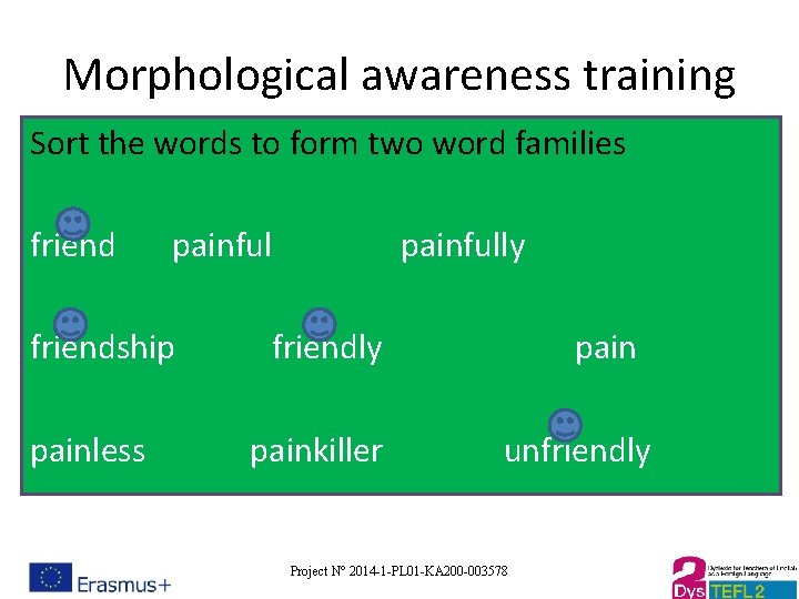 Morphological awareness training Sort the words to form two word families friend painful friendship