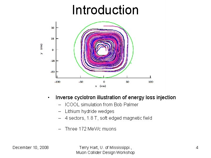 Introduction • Inverse cyclotron illustration of energy loss injection – ICOOL simulation from Bob