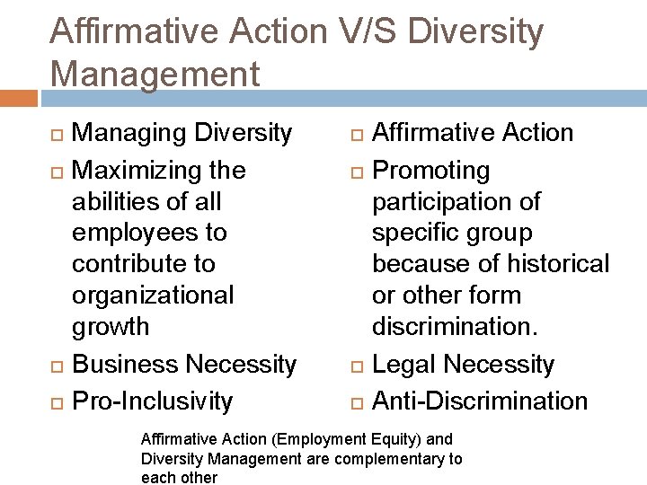 Affirmative Action V/S Diversity Management Managing Diversity Maximizing the abilities of all employees to