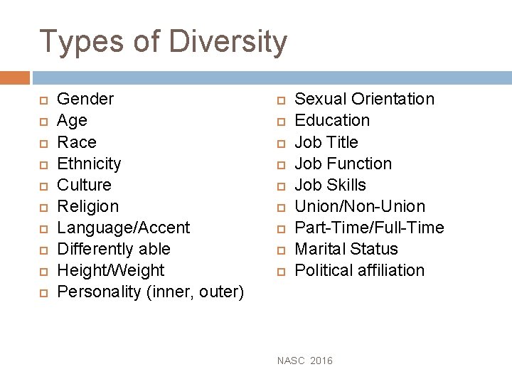 Types of Diversity Gender Age Race Ethnicity Culture Religion Language/Accent Differently able Height/Weight Personality