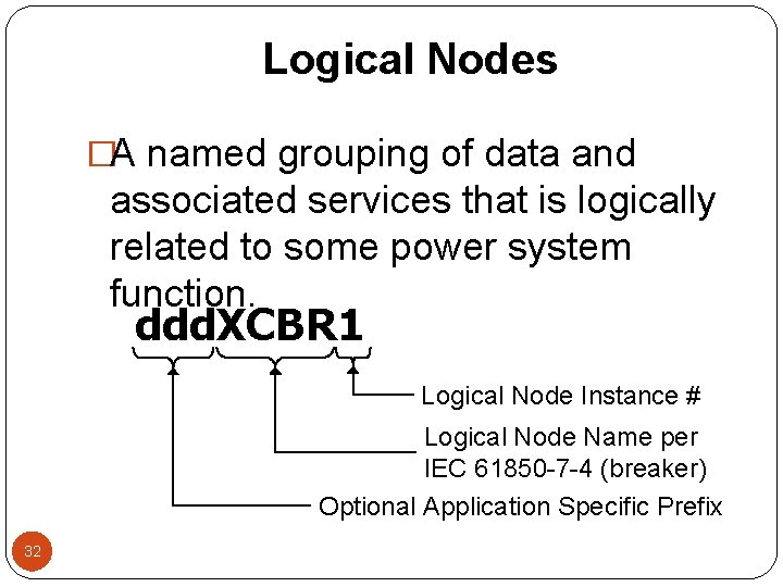 Logical Nodes �A named grouping of data and associated services that is logically related
