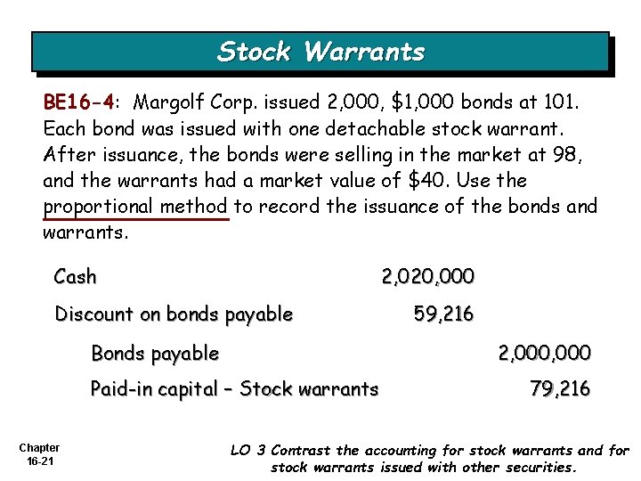 Stock Warrants BE 16 -4: Margolf Corp. issued 2, 000, $1, 000 bonds at