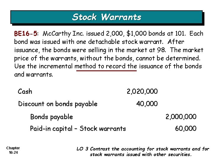 Stock Warrants BE 16 -5: Mc. Carthy Inc. issued 2, 000, $1, 000 bonds