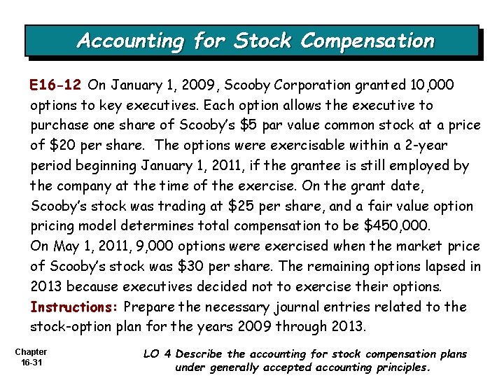 Accounting for Stock Compensation E 16 -12 On January 1, 2009, Scooby Corporation granted