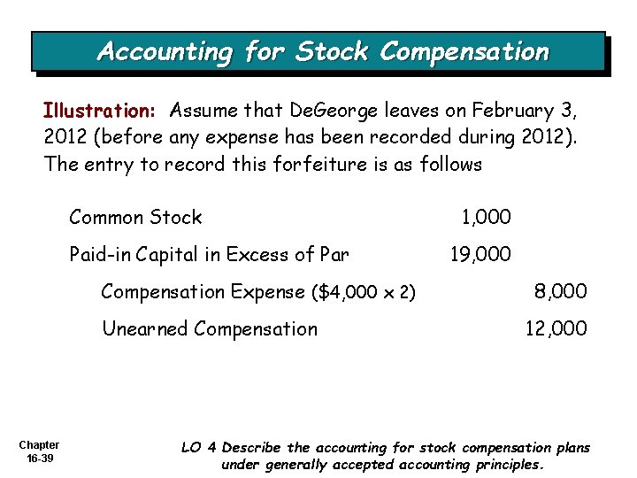 Accounting for Stock Compensation Illustration: Assume that De. George leaves on February 3, 2012