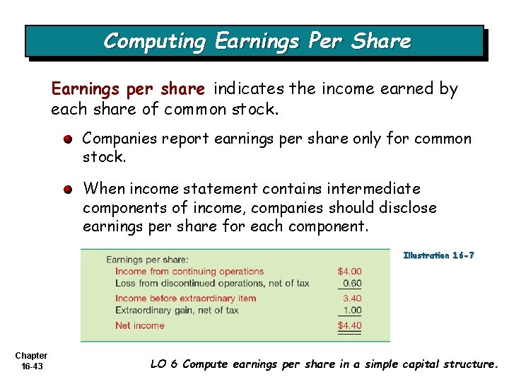 Computing Earnings Per Share Earnings per share indicates the income earned by each share