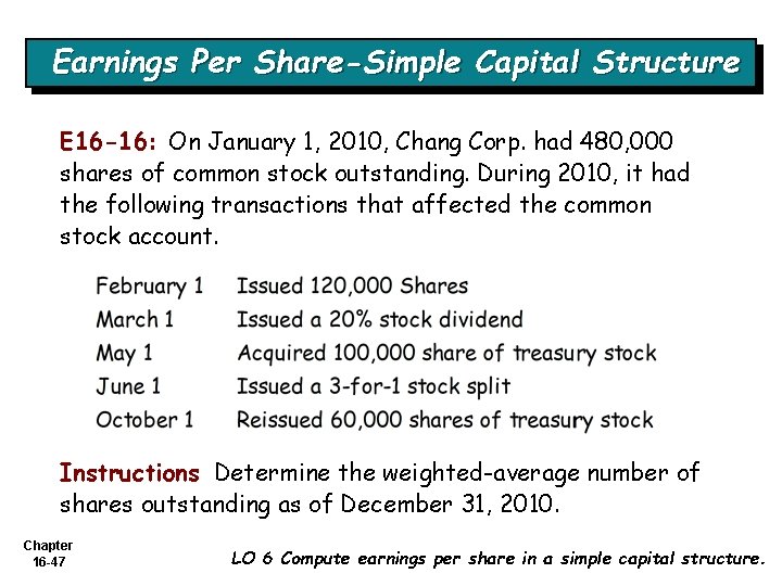 Earnings Per Share-Simple Capital Structure E 16 -16: On January 1, 2010, Chang Corp.