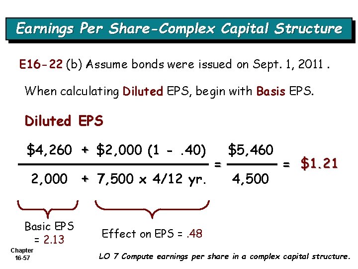 Earnings Per Share-Complex Capital Structure E 16 -22 (b) Assume bonds were issued on