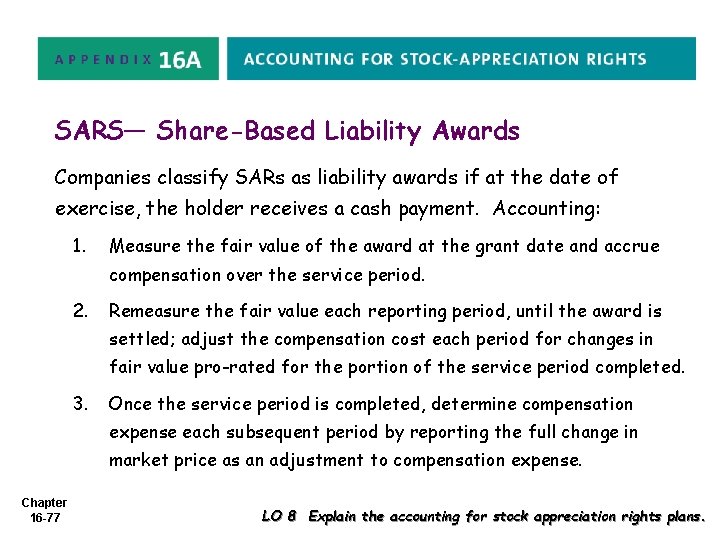 SARS— Share-Based Liability Awards Companies classify SARs as liability awards if at the date