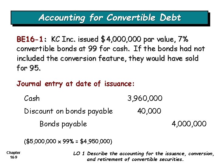 Accounting for Convertible Debt BE 16 -1: KC Inc. issued $4, 000 par value,
