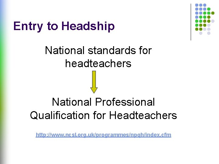 Entry to Headship National standards for headteachers National Professional Qualification for Headteachers http: //www.