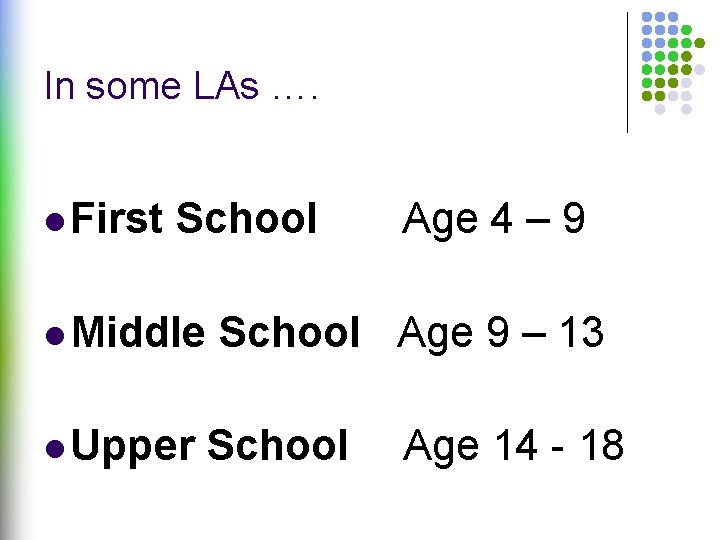 In some LAs …. l First School l Middle l Upper Age 4 –