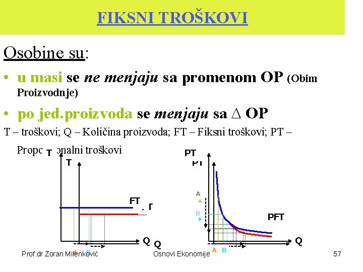 FIKSNI TROŠKOVI Osobine su: • u masi se ne menjaju sa promenom OP (Obim