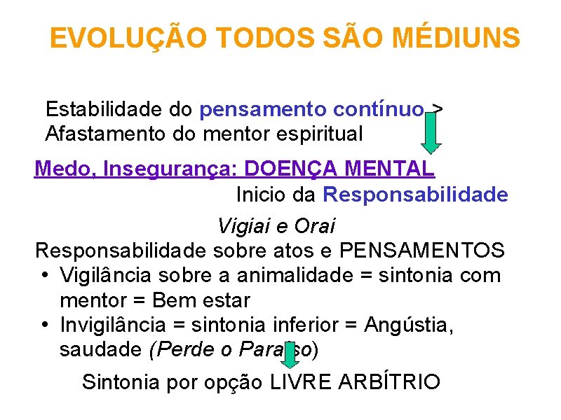 EVOLUÇÃO TODOS SÃO MÉDIUNS Estabilidade do pensamento contínuo > Afastamento do mentor espiritual Medo,