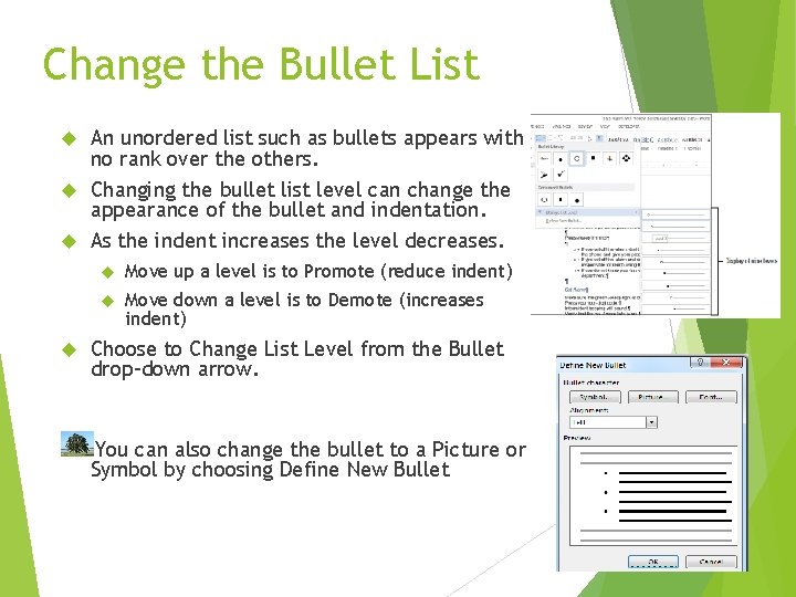 Change the Bullet List An unordered list such as bullets appears with no rank