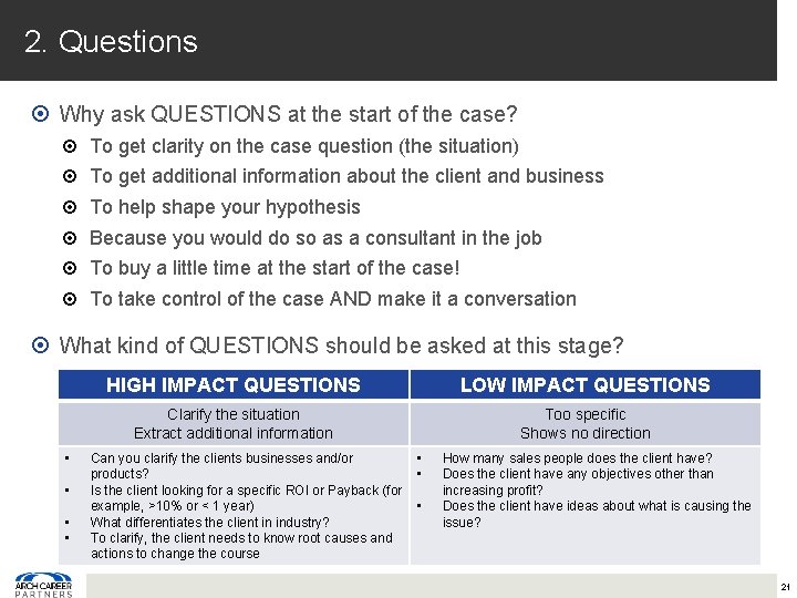 2. Questions Why ask QUESTIONS at the start of the case? To get clarity