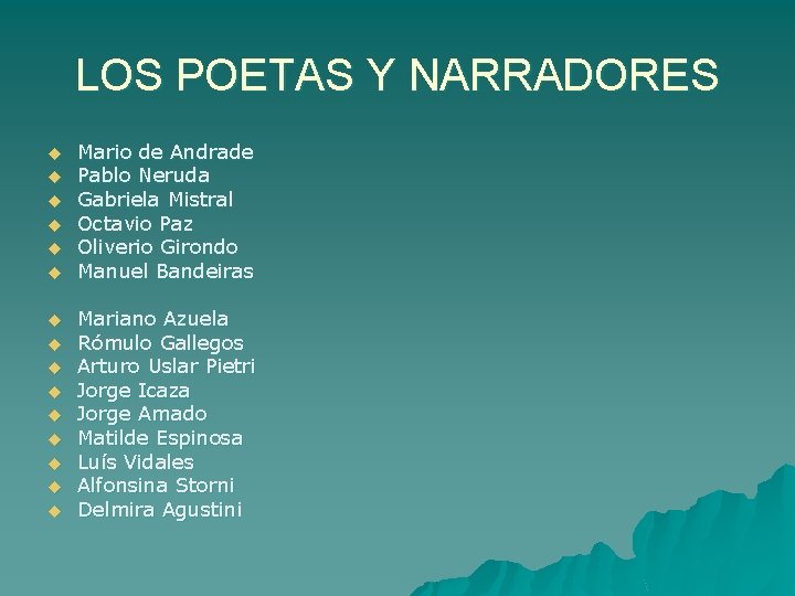 LOS POETAS Y NARRADORES u u u u Mario de Andrade Pablo Neruda Gabriela