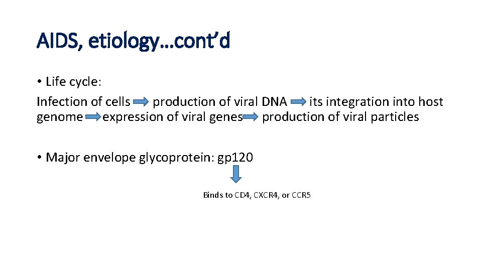 AIDS, etiology…cont’d • Life cycle: Infection of cells production of viral DNA its integration