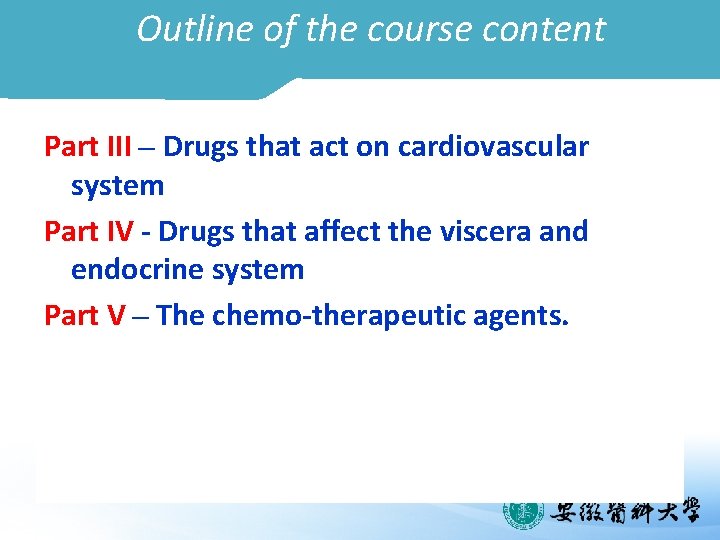 Outline of the course content Part III – Drugs that act on cardiovascular system