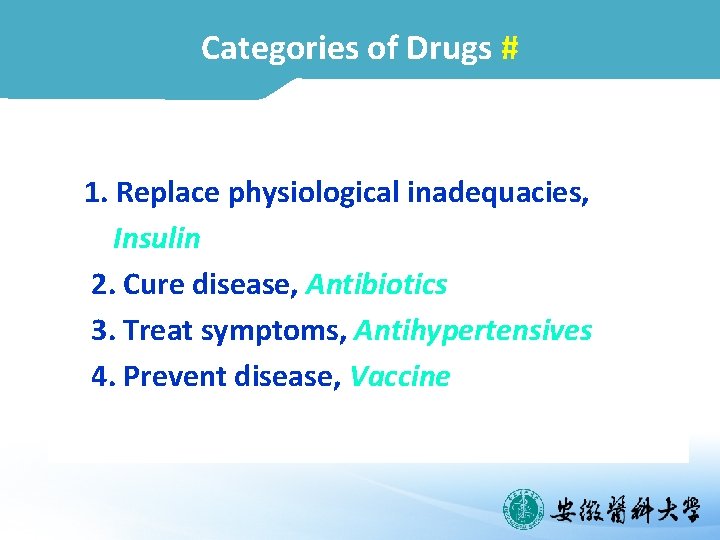 Categories of Drugs # 1. Replace physiological inadequacies, Insulin 2. Cure disease, Antibiotics 3.