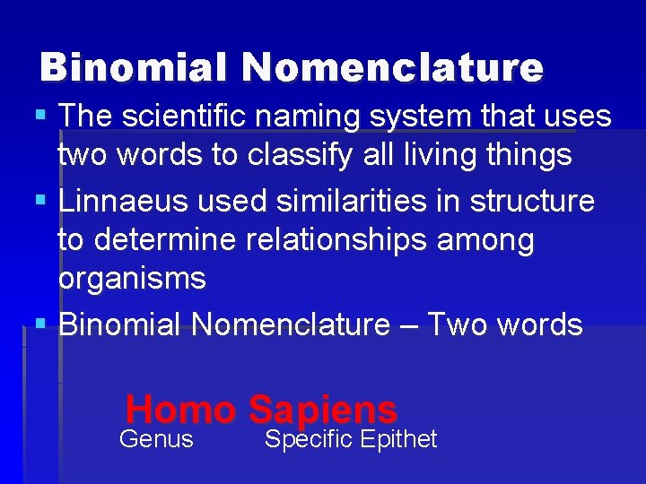 Binomial Nomenclature § The scientific naming system that uses two words to classify all